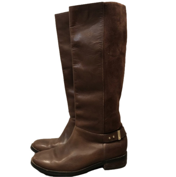 Cole Haan Shoes - Cole Haan brown leather tall riding boot slip on gold suede